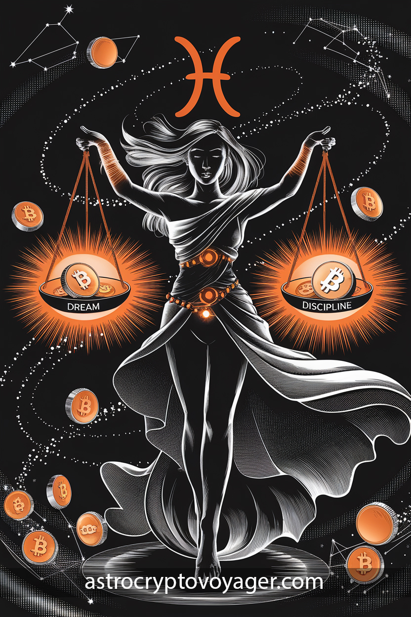 Comic-style illustration in black and white with orange accents: A serene Pisces woman balancing glowing Bitcoin coins on a cosmic scale labeled ‘Dream’ and ‘Discipline,’ surrounded by constellations and orbiting crypto symbols